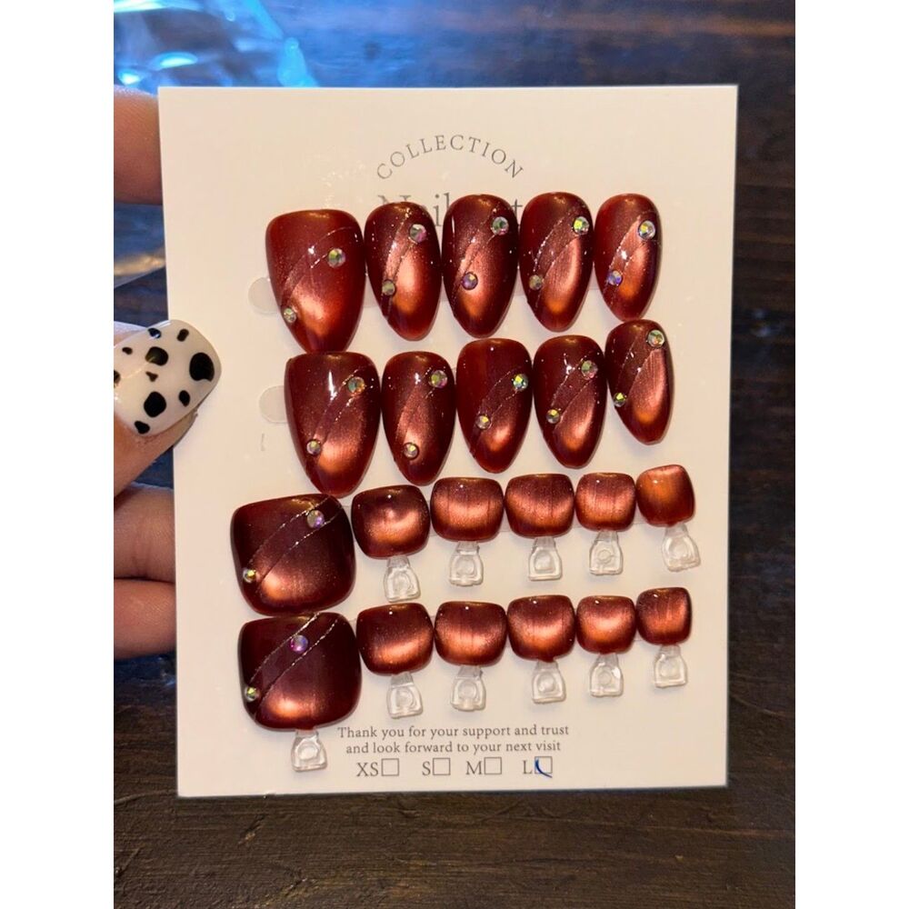 Red Cateye Almond Press On Nails & Toe Nails Size Large